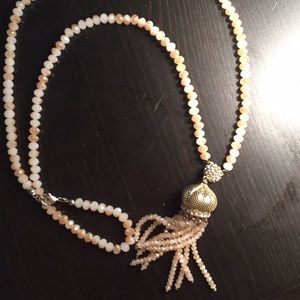 Cream and white beaded tassel necklace